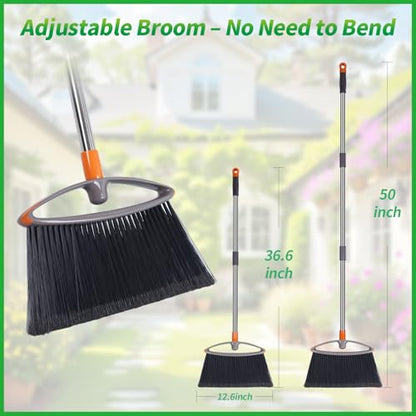 2 Pack Soft Bristle Broom for Pet Hair, Heavy Duty Collapsible Sweeping Broom for Indoor Hardwood Floors, Outdoor Deck, Kitchen, Patio, Stainless Steel Handle, Gray - size: Flagged Bristle-2 Pack