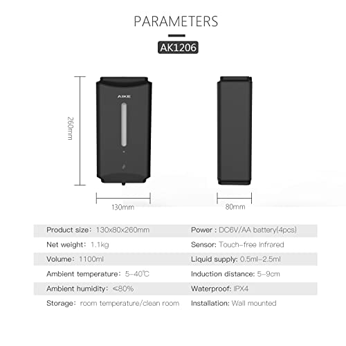 AIKE Automatic Soap Dispenser Commercial Wall Mounted Liquid Dispenser Matte Black Stainless Steel Finish 1100ml Large Capacity - color: Matte Black