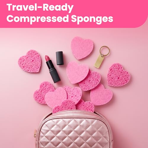 80-Count Compressed Cellulose Heart Shape Facial Sponges – 100% Natural Cosmetic Sponges for Gentle Facial Cleansing, Exfoliating, Makeup Remover & Mask Application, Reusable Travel Size
