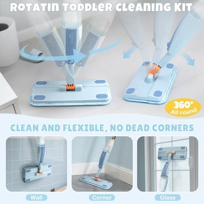 Dreamon Kids Spray Mop - Real Working Toddler Cleaning Set with Water Sprayer & 3 Washable Mop Pads & Scraper, Pretend Play Montessori Housekeeping Toys Gifts for Toddlers Kids Girls Boys(Blue) - color: Blue