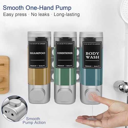 3-Chamber Wall Mount Shower Dispenser - No-Drill Adhesive or Drill Mount - Refillable Shampoo, Conditioner & Body Wash Dispenser for Home, RV & Hotel - Eco-Friendly & Compact (Silver) - color: Silver