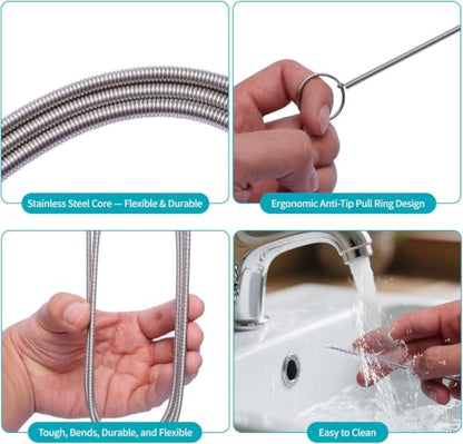2-in-1 Drain Cleaning Tool Kit, 33" Flexible Drain Snake Clog Remover & 60" Drain Brush for Shower, Sink, Bathtub & Kitchen