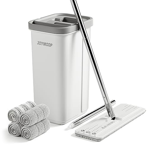 JOYMOOP Flat Mop System, Microfiber Mop and Bucket Set, White, Hands-Free Floor Cleaning System with Wringer, Wet and Dry Use, 60" Handle, Includes 4 Reusable Pads - size: Middle Bucket #13 + 60" Flat Mop + 4 Pads