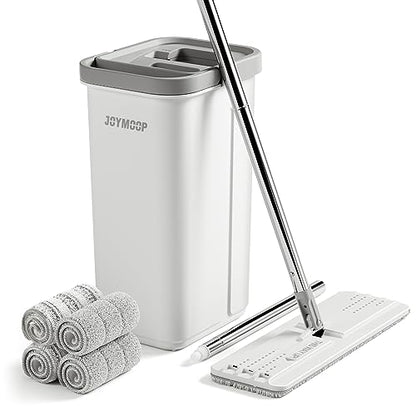 JOYMOOP Flat Mop System, Microfiber Mop and Bucket Set, White, Hands-Free Floor Cleaning System with Wringer, Wet and Dry Use, 60" Handle, Includes 4 Reusable Pads - size: Middle Bucket #13 + 60" Flat Mop + 4 Pads