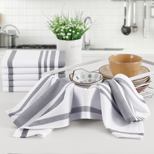 Homaxy Premium Kitchen Towels 18”x 28”, Large Cotton 380 GSM Kitchen Hand Towels, Stripe and Terry Dish Towel, Highly Absorbent Tea Towel Set with Hanging Loop, 8 Pack, Grey - color: Grey Stripe, style: 8-pack
