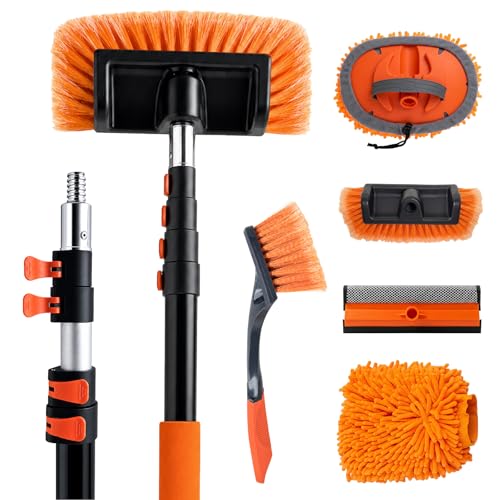 Car Washing Kits with 12 FT Telescoping Pole, Cleaning Chenille Mop, Soft Bristles Wash Brush, Window Squeegee, Waterproof Glove, Wheel Brush Extension Wash Detailing for RV, Truck, Boat, House Siding