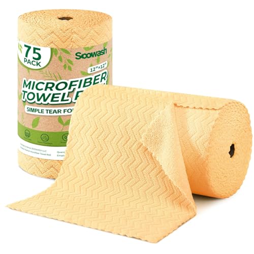 Microfiber Cleaning Cloths Roll, 75 Pack Tear Away Microfiber Towels Roll, 12" x 12" Lint Free Rags, Reusable Cleaning Cloths, Washable, Scratch Free,Ultra Absorbent Dish Rags(Orange Ripple) - color: Orange Ripple, size: 75 pack