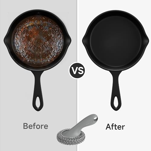 SUBEKYU Cast Iron Scrubber with Silicone Handle, Stainless Steel Skillet Cleaner for Cast Iron Pans (Gray Scrubber + Scraper) - color: Gray Scrubber + Scraper