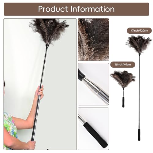 THARAHT Extendable Ostrich Feather Duster up to 16-47 inches Fluffy Feathers Long Handle Reusable for Cleaning Ceiling Fan Pendant lamp High Ceiling Blinds Furniture Feather Duster - size: 16-47inch