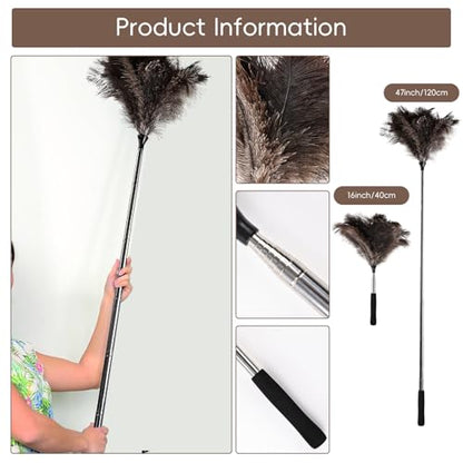 THARAHT Extendable Ostrich Feather Duster up to 16-47 inches Fluffy Feathers Long Handle Reusable for Cleaning Ceiling Fan Pendant lamp High Ceiling Blinds Furniture Feather Duster - size: 16-47inch