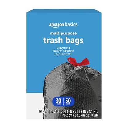 Amazon Basics Flextra Multipurpose Drawstring Trash Bags, 30 Gallon, 50 Count, Tear Resistant - size: 50 Count (Pack of 1)