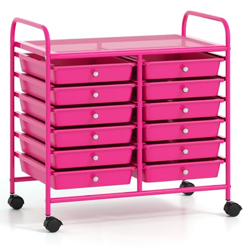 GOFLAME 12-Drawer Rolling Storage Cart, Multifunctional Art Craft Organizer Cart, Mobile Utility Storage Cart with Removable Drawers & Lockable Wheels, Craft Cart for Home Office School, Hot Pink - color: Hot Pink, size: 12-Drawer
