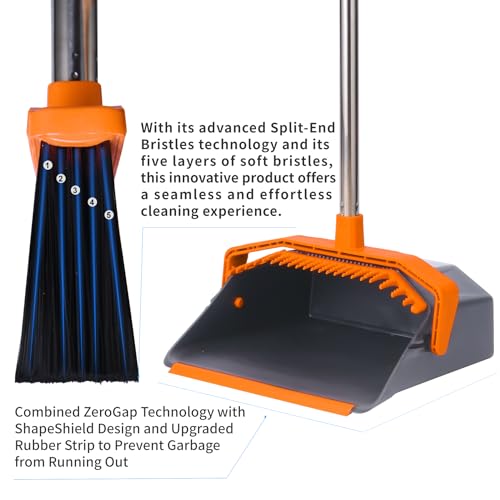 Tiumso Broom and Dustpan Set with 51'' Long Handle, Upright Broom and Dustpan Combo for Home Kitchen Office Restaurant Garage Lobby Dog Cat Pets Hair - Grey and Orange - color: Orange and Grey