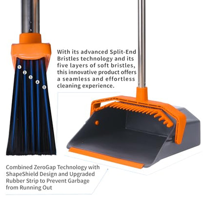 Tiumso Broom and Dustpan Set with 51'' Long Handle, Upright Broom and Dustpan Combo for Home Kitchen Office Restaurant Garage Lobby Dog Cat Pets Hair - Grey and Orange - color: Orange and Grey