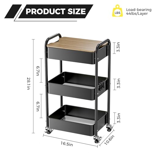 3 Tier Rolling Cart with Table top, Metal Utility Cart, Sturdy Storage Organizer Cart with Locking Wheels & Hooks for Office, Classroom, Kitchen and Bathroom - color: Black
