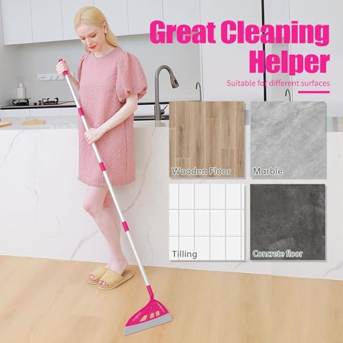 Magic Broom Household Silicone Broom, Multifunction Floor Squeegee with 2 Heads - Brush and Scrape, Magic Broom Sweeper with Extra-Long Adjustable Aluminum Handle for Floor, Glass, Tile (Bright Pink)