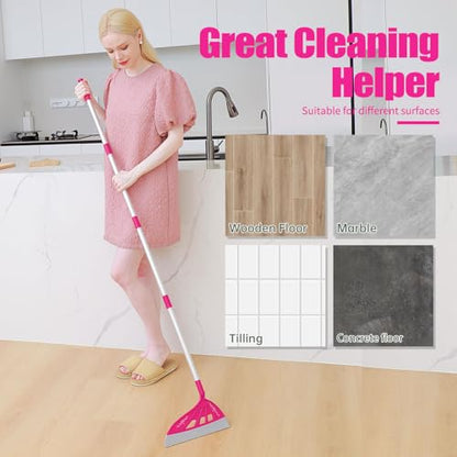 Magic Broom Household Silicone Broom, Multifunction Floor Squeegee with 2 Heads - Brush and Scrape, Magic Broom Sweeper with Extra-Long Adjustable Aluminum Handle for Floor, Glass, Tile (Bright Pink)