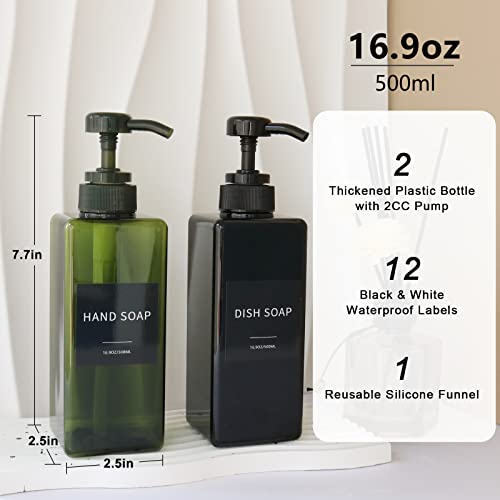 Green Soap Dispenser with Waterproof Labels, Thickened Plastic Hand Soap Dispenser for Bathroom, Kitchen Dish Washing Liquid Bottles, Shampoo and Conditioner Bottles with Funnel (16oz 2Pack Green) - color: 2 Green