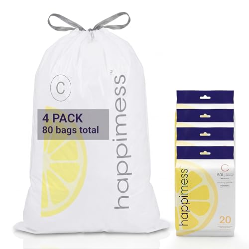 happimess 13.2 Gallon (50L) Drawstring Trash Bags, Lemon Scent, White, Heavy Duty MDPE Liners for Kitchen and Household, Odor Control, Custom Fit 80 Count (4 Packs of 20 Liners) HPM3100C-W-4SET - color: White (Lemon Scented), size: 80 Count (Pack of 1)