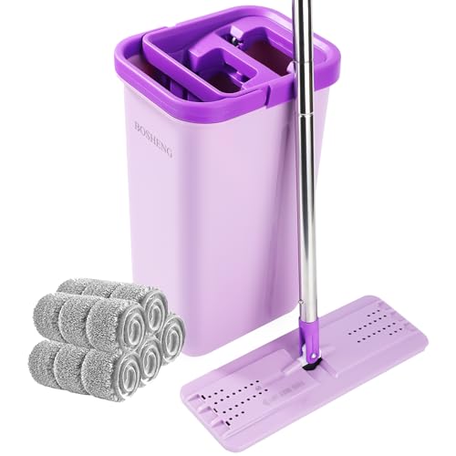 BOSHENG Mop and Bucket with Wringer Set, Hands Free Flat Floor Mop and Bucket, 5 Washable Microfiber Pads Included, Wet and Dry Use, Home Floor Cleaning System for All Floor Types and Windows,Purple - size: Purple Mop and Bucket Set with 5 Pads