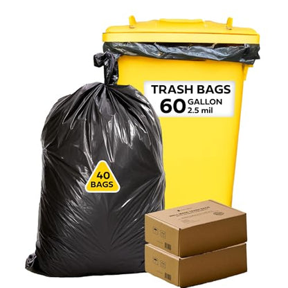 Lime Linen 60 Gallon Heavy Duty Contractor Xl Black Garbage Bags | Industrial, Construction & Yard Waste | Tear Resistant | 40 Pack, Extra Thick 2.5 Mil, Tie Bags, Interleaved On Roll Secure Closure - color: 60 Gallon, size: 1 Count (Pack of 40)