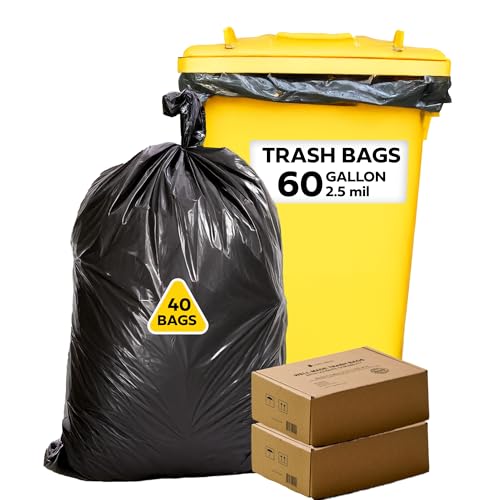 Lime Linen 60 Gallon Heavy Duty Contractor Xl Black Garbage Bags | Industrial, Construction & Yard Waste | Tear Resistant | 40 Pack, Extra Thick 2.5 Mil, Tie Bags, Interleaved On Roll Secure Closure - color: 60 Gallon, size: 1 Count (Pack of 40)