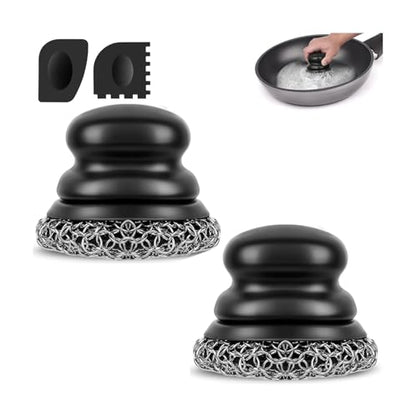 Cast Iron Scrubber (2 × Black Coarse Mesh) and and Scraper, Chain Mail Scrubber for Cleaning Stock Pots, Pans, Griddles, Grills, Cast Iron Skillets, Dish Scouring Pads - color: 2 × Black Coarse Mesh