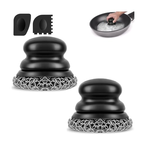 Cast Iron Scrubber (2 × Black Coarse Mesh) and and Scraper, Chain Mail Scrubber for Cleaning Stock Pots, Pans, Griddles, Grills, Cast Iron Skillets, Dish Scouring Pads - color: 2 × Black Coarse Mesh