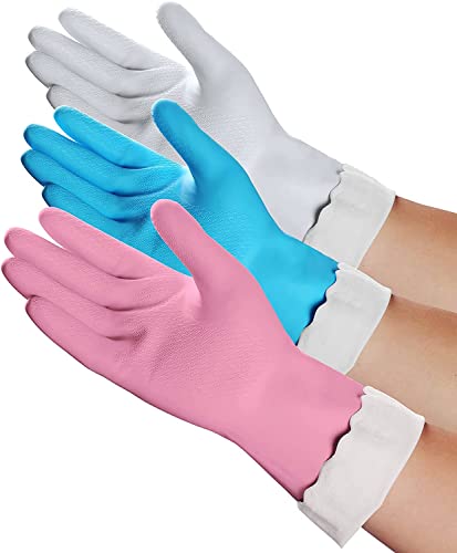 HSL Household Cleaning Gloves - Reusable Kitchen Dishwashing Gloves with Latex Free, Cotton lining, Waterproof, Non-Slip (Small, 3 Pairs) - color: Blue+white+pink, size: Small (Pack of 3)