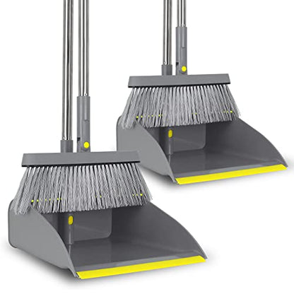 2-Pack Broom and Dustpan Combo Set, 48" Long Adjustable Handle Stand Up Dustpan with Self-Cleaning Teeth, Ideal for Home, Office, Kitchen, Indoor & Outdoor Use, Grey