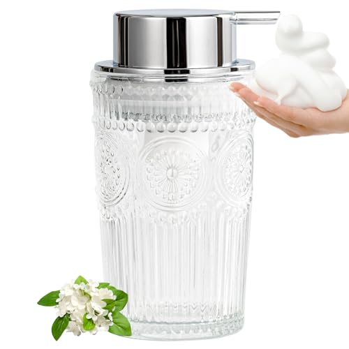 Glass Foaming Soap Dispenser - Foam Hand Soap Dispenser Bathroom, 10 OZ Clear Refillable Liquid Dispenser for Kitchen Dish Dispenser Foam Pump Silver - color: Silver Foam Pump, size: 10 OZ
