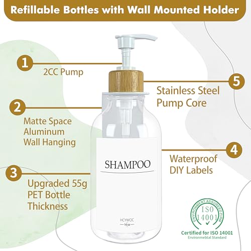 Shampoo Dispenser for Shower Wall, Shampoo and Conditioner Dispenser with 16 Waterproof Labels, No Drill Shower Soap Dispenser Bathroom, Shower Soap Dispenser Wall Mounted,17oz, 3 Pack, Clear - color: 1-clear Bottle + Bamboo Pump