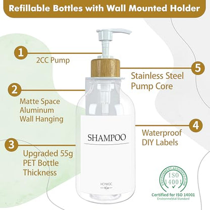 Shampoo Dispenser for Shower Wall, Shampoo and Conditioner Dispenser with 16 Waterproof Labels, No Drill Shower Soap Dispenser Bathroom, Shower Soap Dispenser Wall Mounted,17oz, 3 Pack, Clear - color: 1-clear Bottle + Bamboo Pump