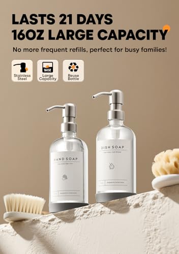 Kitchen Soap Dispenser Set with Drying Tray – 16oz Glass Bottles with Stainless Steel Pumps, Sink Organizer Caddy with Brush Holder & Non-Slip Feet – All-in-One Dish & Hand Soap Station - color: Grey Sink Caddy + Clear Bottle + Silver Pump