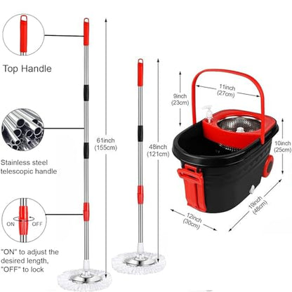 Spin Mop and Bucket with Wringer Set On Wheels, 360° Spinning Mop Bucket System with 3 Microfiber Replacement Heads, 61" Stainless Steel Extended Handle for Floor Cleaning Black/Red (25QT) (Big Black) - color: Big Black