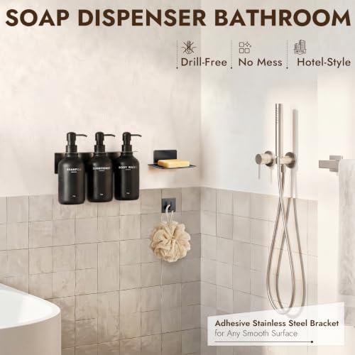 Shampoo and Conditioner Dispenser - Wall Mount Soap Dispenser with Soap Dish & Towel Hook, No Drill Adhesive Bathroom Organizer, Refillable Bottles with Stainless Steel Pump for Home Hotel Spa - Black - color: Black