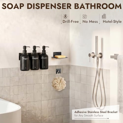 Shampoo and Conditioner Dispenser - Wall Mount Soap Dispenser with Soap Dish & Towel Hook, No Drill Adhesive Bathroom Organizer, Refillable Bottles with Stainless Steel Pump for Home Hotel Spa - Black - color: Black