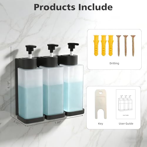 Shampoo and Conditioner Dispenser, Shower Soap Dispenser Wall Mounted 10fl oz/300ml *3 Chamber Shampoo Bottles Refillable with Black Pump for Bathroom Hotel, Grey - color: Grey 3 Chamber