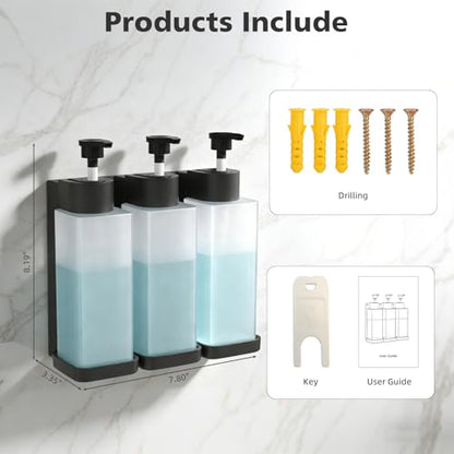 Shampoo and Conditioner Dispenser, Shower Soap Dispenser Wall Mounted 10fl oz/300ml *3 Chamber Shampoo Bottles Refillable with Black Pump for Bathroom Hotel, Grey - color: Grey 3 Chamber
