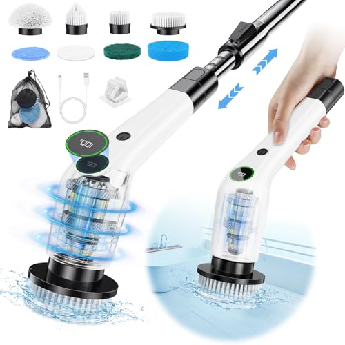 PUFTEM Electric Spin Scrubber, Cordless Shower Scrubber with 8 Scrub Brush, 2 Speed with Adjustable Extension Handle, Battery Level Display, Power Scrubber for Bathroom Bathtub Tile Floor (Black) - color: Black