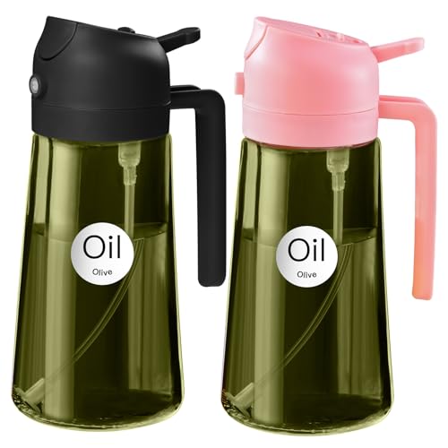 YARRAMATE 2Pcs 16oz/470ml Dark Green Oil Sprayer for Cooking with Stickers, Food-grade Premium 2 in 1 Olive Oil Dispenser Bottle for Kitchen Gadgets, Air Fryer, Salad, Frying, BBQ (Pink&Black) - color: 16_2Pcs Black&Pink