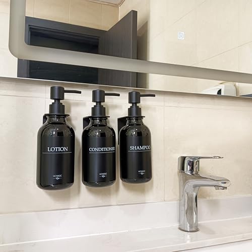 Shampoo Dispenser for Shower Wall, Shampoo and Conditioner Dispenser with 16 Waterproof Labels, No Drill Shower Soap Dispenser Bathroom, Shower Soap Dispenser Wall Mounted,17oz, 3 Pack, Black - color: 1-gloss Black Bottle + Black Pump