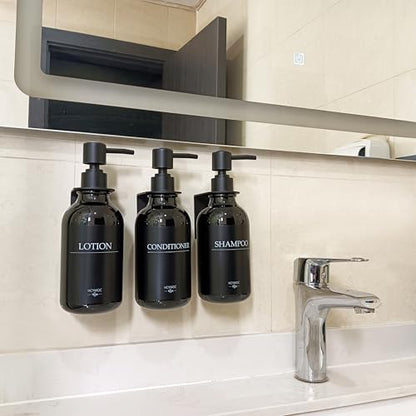 Shampoo Dispenser for Shower Wall, Shampoo and Conditioner Dispenser with 16 Waterproof Labels, No Drill Shower Soap Dispenser Bathroom, Shower Soap Dispenser Wall Mounted,17oz, 3 Pack, Black - color: 1-gloss Black Bottle + Black Pump