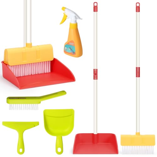Kids Cleaning Toy Set Toddlers Broom Dust Pan Set for Housekeeping Pretend Play Cleaning Set, Cleaning Toys Gift for Toddlers Girls Boys Age 3-6 Years Old (6PCS - Red Set) - color: 6pcs - Red Set