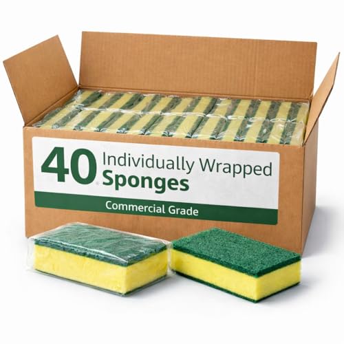 Heavy Duty Kitchen Sponges, Individually Wrapped, Green & Yellow Scrub Sponges – 40 Count, Medium Duty Cleaning Sponges for Dishes, Cookware & Surfaces