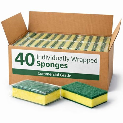 Heavy Duty Kitchen Sponges, Individually Wrapped, Green & Yellow Scrub Sponges – 40 Count, Medium Duty Cleaning Sponges for Dishes, Cookware & Surfaces