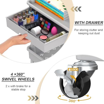 Goovilla 4 Tier Rolling Utility Cart Organizer with Removable Drawer, Stable and Sturdy Grey Rolling Storage Carts with 2 Lockable Wheels for Bathroom, Kitchen, Snack, Craft, Makeup, Baby Essentials - size: 4 Tier, style: Gray
