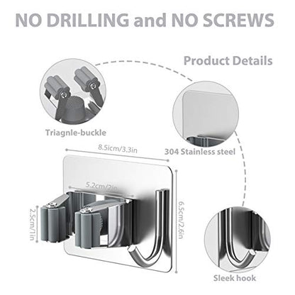 homeasy Mop Broom Holder No Drill, Mop Broom Organizer Wall Mounted Heavy Duty with Hooks Hanger, Self Adhesive Stainless Steel 4Pcs for Bathroom, Kitchen, Office (Silver) - color: Silver