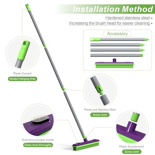 Rubber Broom Pet Hair Remover, Silicone Squeegee Brooms for Floor, Tile, Windows, Carpet Cleaning, 4-Section Pole up to 58 inches