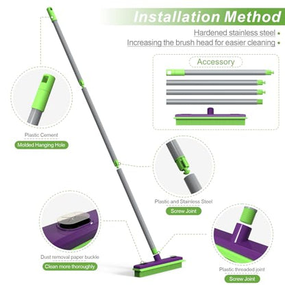 Rubber Broom Pet Hair Remover, Silicone Squeegee Brooms for Floor, Tile, Windows, Carpet Cleaning, 4-Section Pole up to 58 inches
